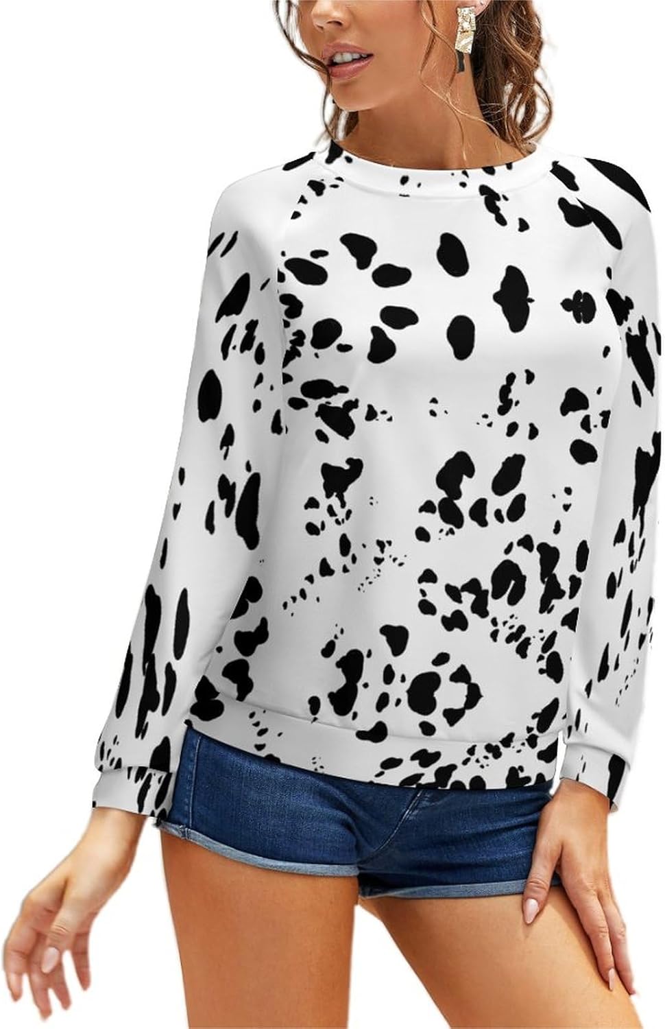 Dalmatian Print T-Shirts Casual Cute Pullover Top Long Sleeve Crew Neck Sweatshirt - Image 6