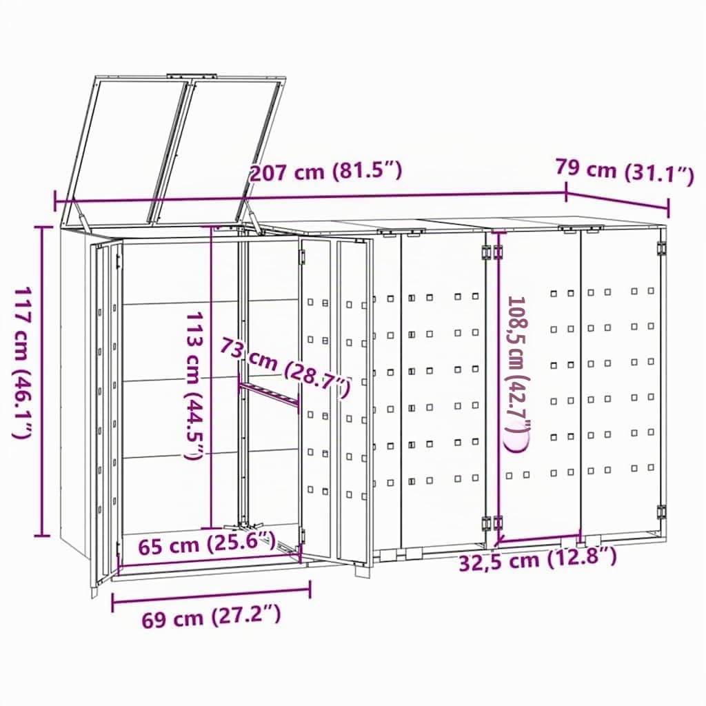 vidaXL Mülltonnenbox für 3 Tonnen Grau 207x79x117 cm Stahl