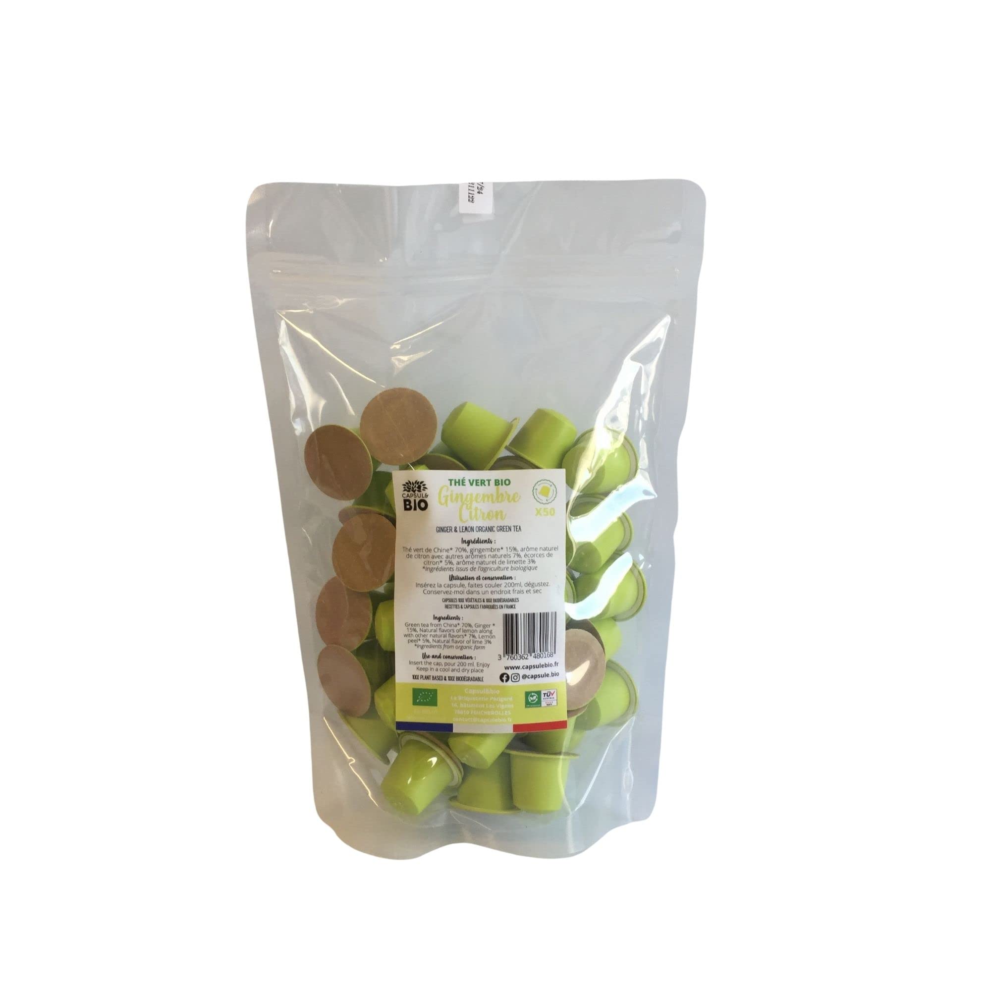 CAPSUL&BIO Thé Vert Gingembre et Citron Bio - 50 Capsules Biodégradables - Compatible avec les machines Nespresso - 100% Végétales - Rapide et Sain - Fabrication Française