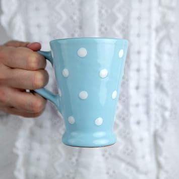 City to Cottage  Light Sky Blue and White | Polka Dot Spotty | Designer Handmade Hand Painted | Unique Ceramic | Coffee Tea Latte Mugs Cups with Large Handle | Gift
