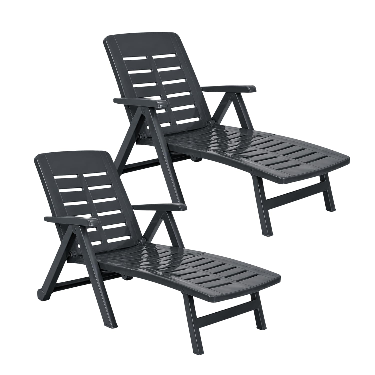 PALUPLUS 2 Lettini Prendisole Pieghevoli in Plastica Antracite, misura 189x72x96 cm, Schienale Regolabile, 2 Ruote, Letto da Esterno per Giardino, Spiaggia, Piscina, Made Italy -SME007F