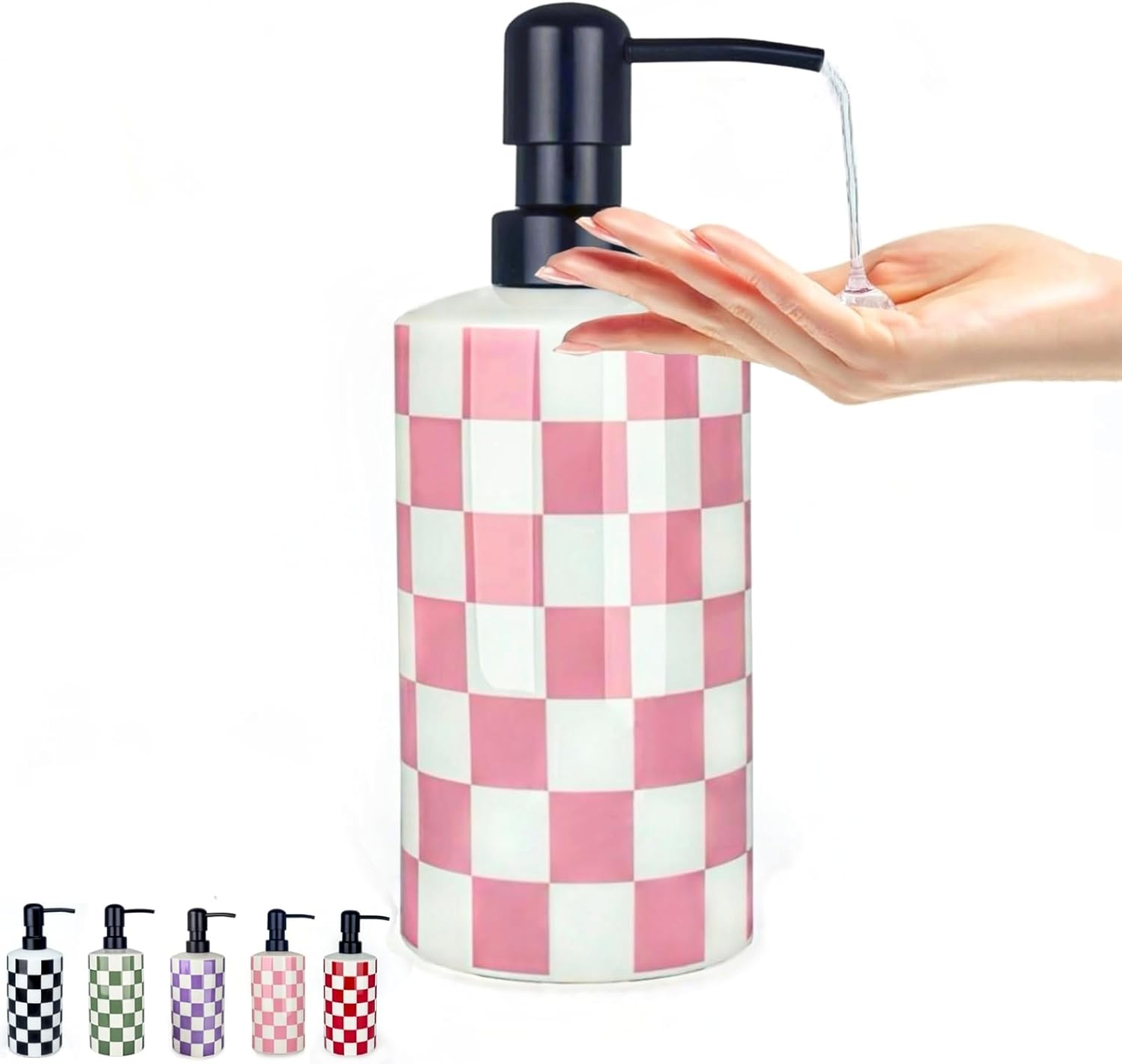Pink Hand Soap Dispenser for Girl Women, Bathroom Soap Dispenser with Stainless Steel Pump, Countertop Ceramic Cute Bathrooms Lotion Liquid Bottles for Girls Girly, Checkered Bathroom Decor (15oz)
