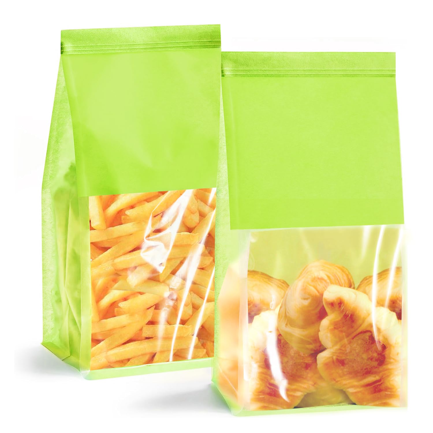 50-Pack Reusable Bakery Bags - Windowed Kraft Paper Bags with Seal & Tin Tie Tab Lock - Upright Cookie, Bread & Pastry Packaging (Green)