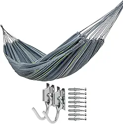 Kit com Rede de Descanso Cinza com Listras Coloridas com 1 Par de Ganchos, 3,60m x 1,40m, com Par de Ganchos, Suporta 200kg