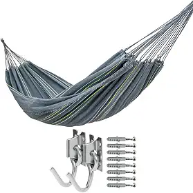 Kit com Rede de Descanso Cinza com Listras Coloridas com 1 Par de Ganchos, 3,60m x 1,40m, com Par de Ganchos, Suporta 200kg