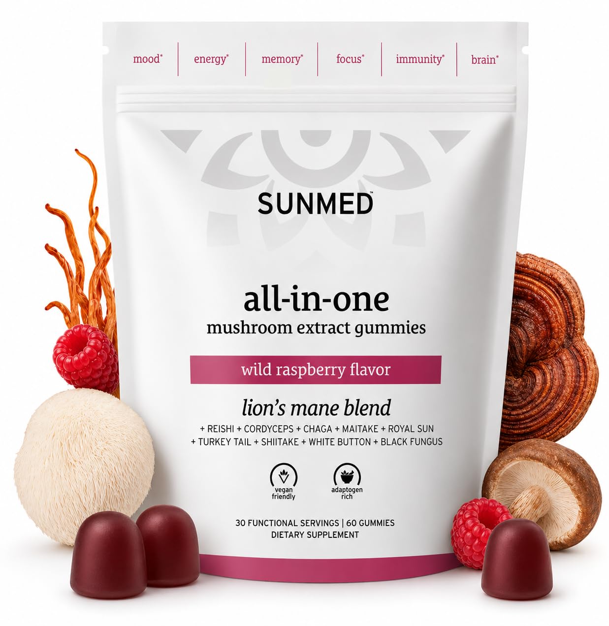 SUNMED Suplemento de Gomas de Cogumelos com Ashwagandha, Cordyceps, Lion’s Mane, Maitake, Reishi e Shitake, sabor framboesa silvestre, 60 gomas
