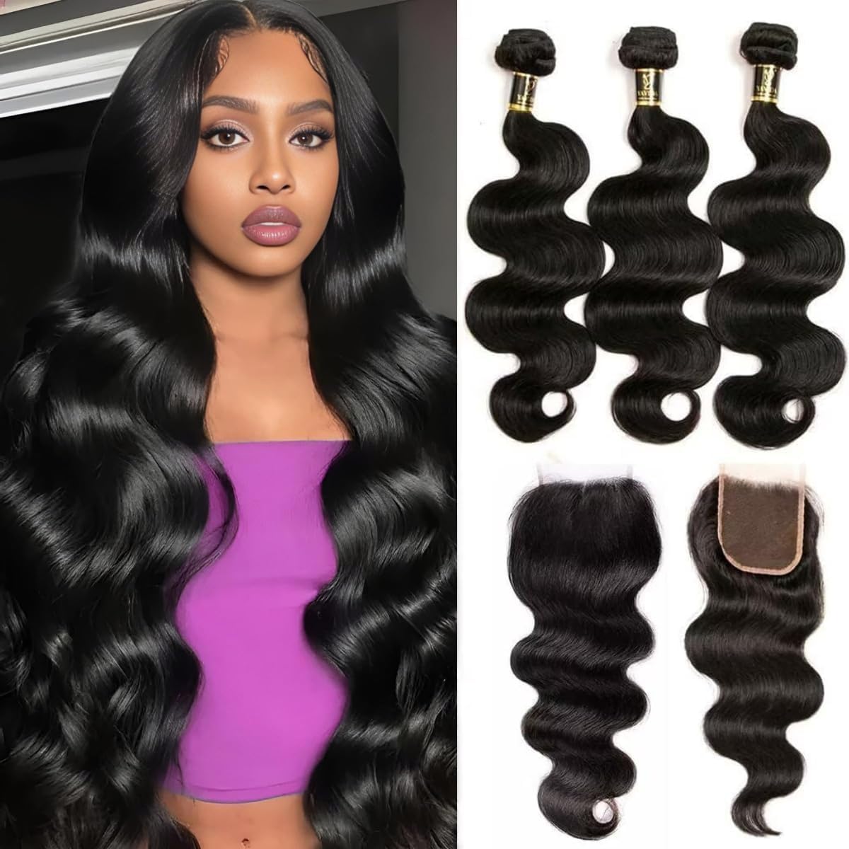 Tissage bresilien en lot cheveux humain Ondulé 14 16 18+12 pouces Body Wave Human Hair Bundles with Closure Cheveux Naturel Cheveux Humain Meche Bresilienne Couleur Noire Naturelle