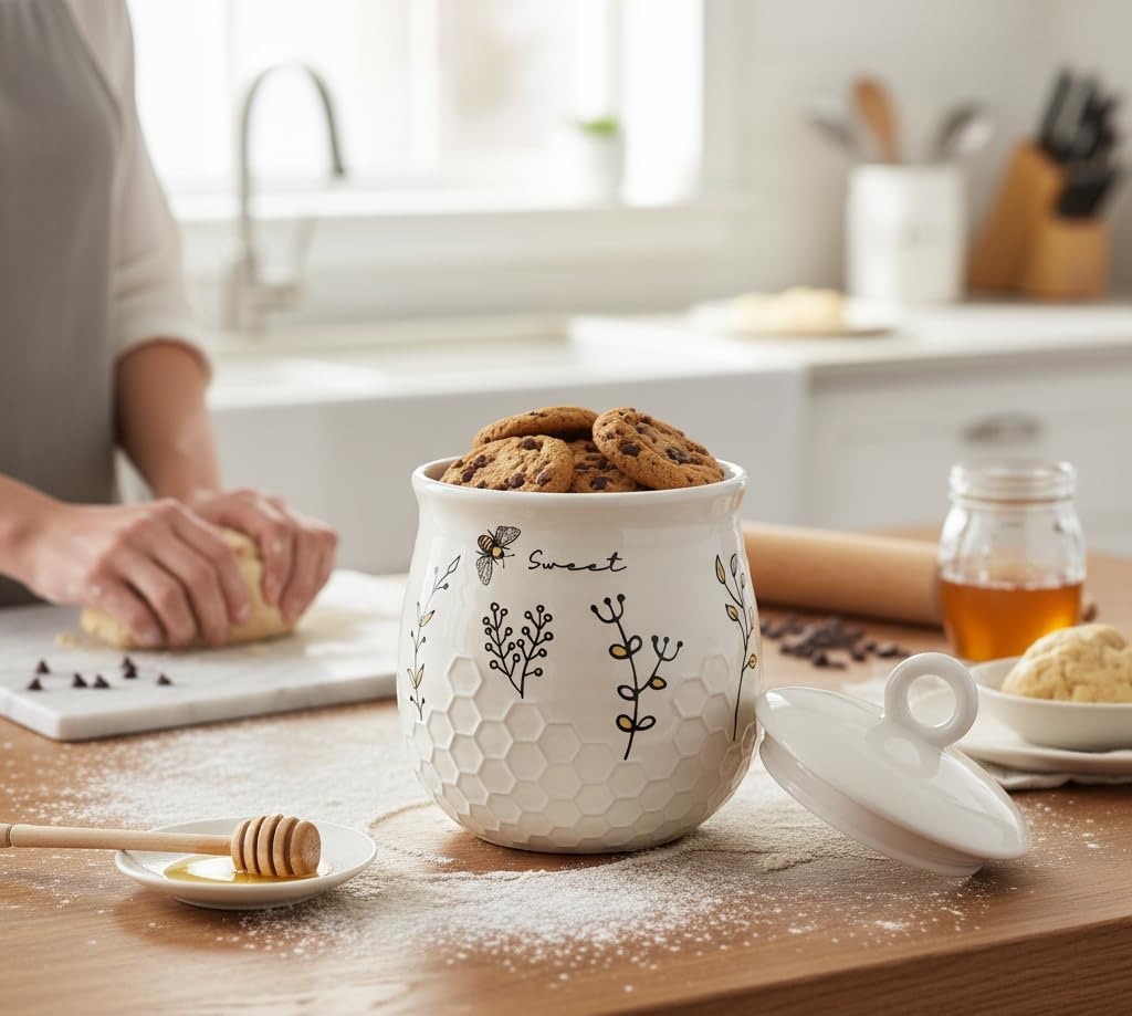 Young's Inc Honey Bee Ceramic Cookie Jar with Lid, Farmhouse Kitchen Storage Canister for Cookies, Treats,Coffee,Tea,Snacks,7.8 Inch Sweet Bee Decor Rustic Kitchen Container