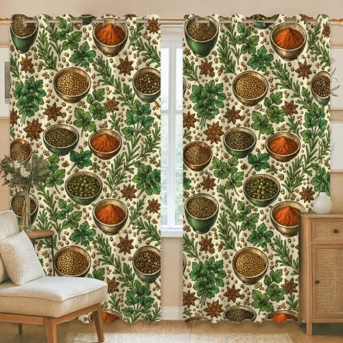 Rideaux occultants lavables en machine motif épices vintage vert automne