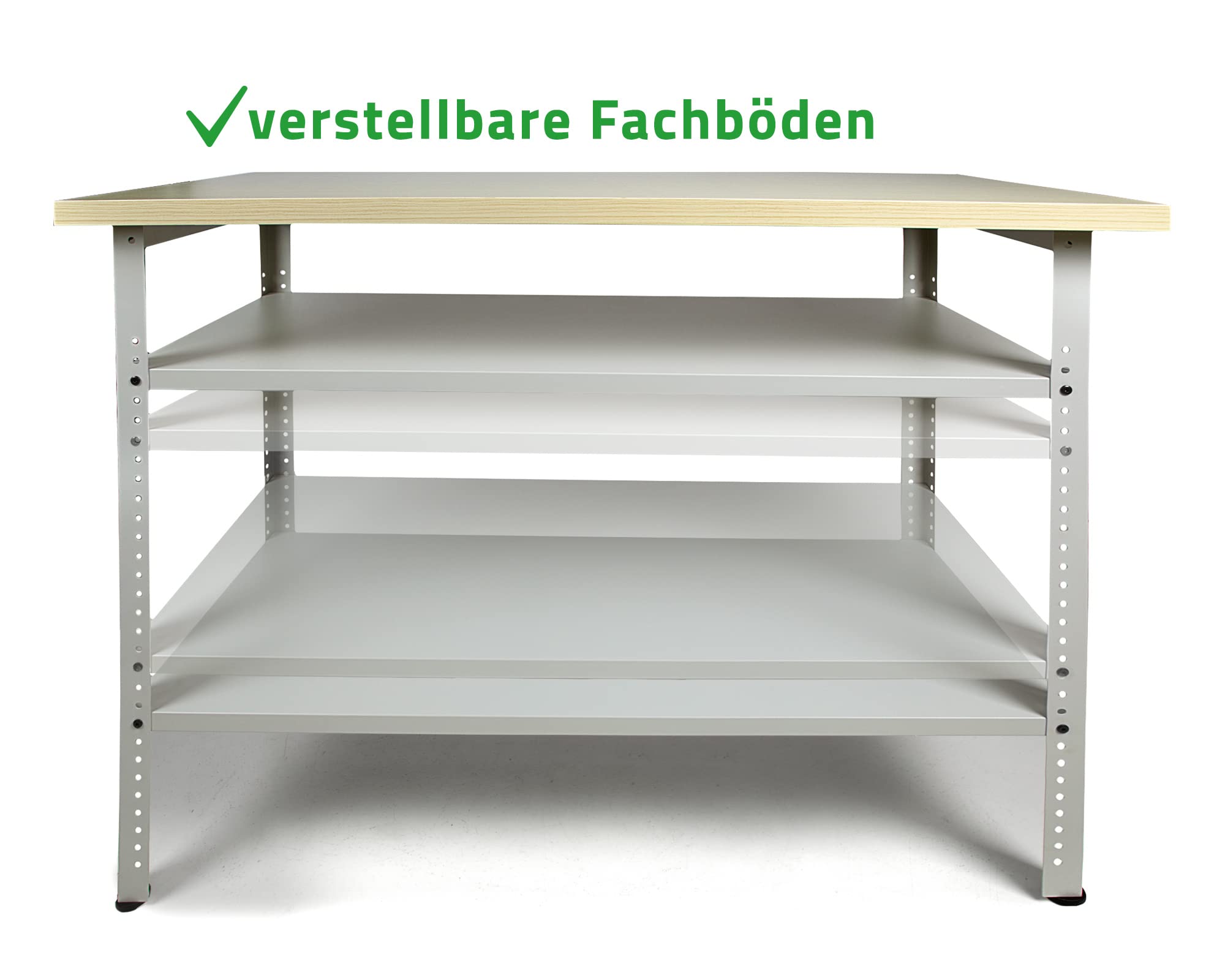 Ondis24 Ecklösung Werkbank Nobbi Pro Packtisch aus Metall, mit Arbeitsplatte, höhenverstellbare Einlegeböden, Justierfüße, Werktisch für Sparfüchse lichtgrau (95cm)