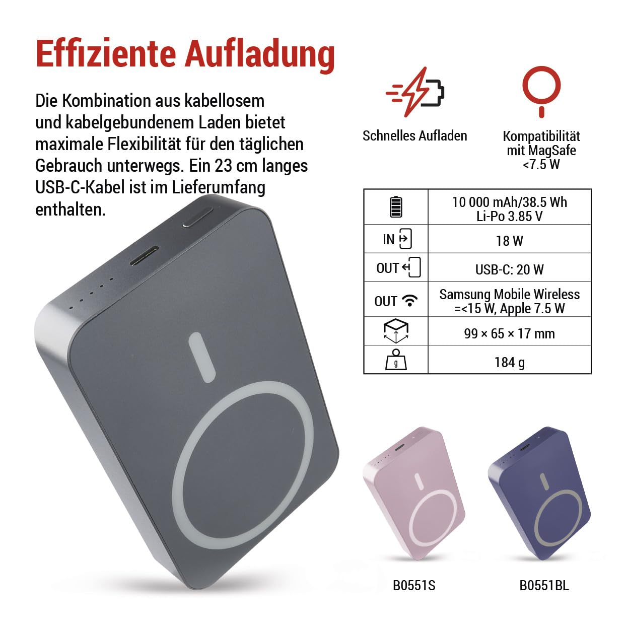 EMOS - Powerbank 10.000 mAh WI 1046 con imán - Batería Externa magnética con passthrough y Carga inalámbrica - Salida USB-C incluida Cable de Datos USB - para iPhone, iPad, Smartphone, Tablet - Gris