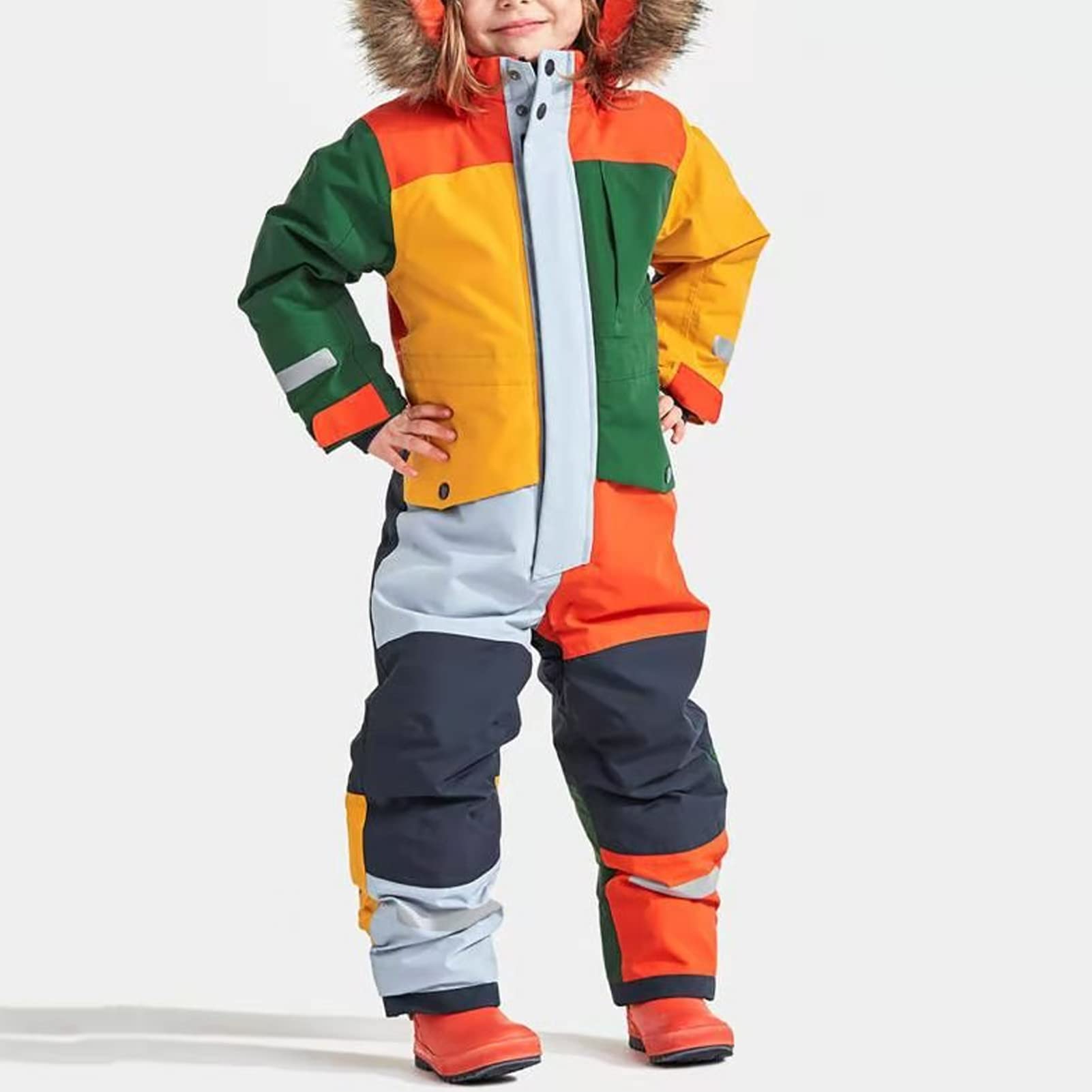 Crivit Tuta da sci per bambini e bambine, con cappuccio, colletto in pelliccia, pantaloni da sci, giacca e pantaloni da sci per attività all'aria aperta, calda e antivento, multicolore, 11