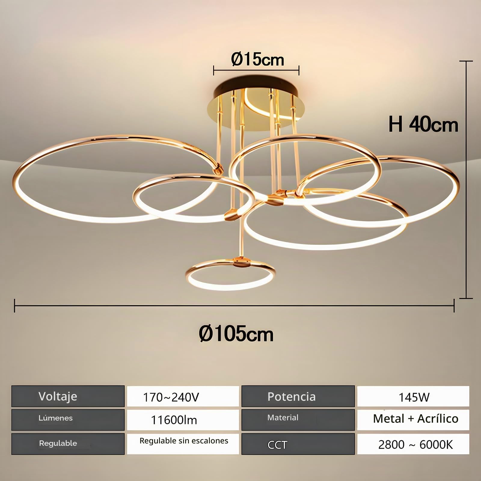 Lámpara De Techo LED, Lámpara Circular Metal Dorado Ø105cm, 145W Regulable Continua 3000-6000K, Colgante Redondo Moderno De Galvanoplastia, Dormitorio, Sala Estar Niños Oficina (6 Anillos)