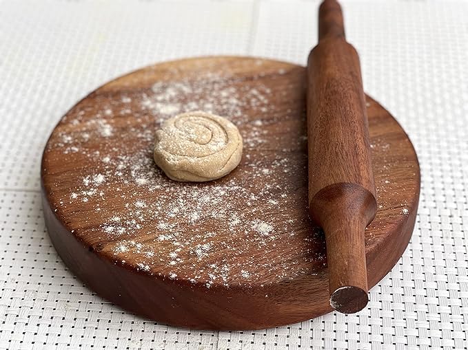 Chakla Belan Sheesham Wooden Round Polpat-Roti Roller Chakla-Belan Rolling Pin Set Roti Maker Chapatti Puri Maker Daio Kitchen Item (Brown) (Size Medium)