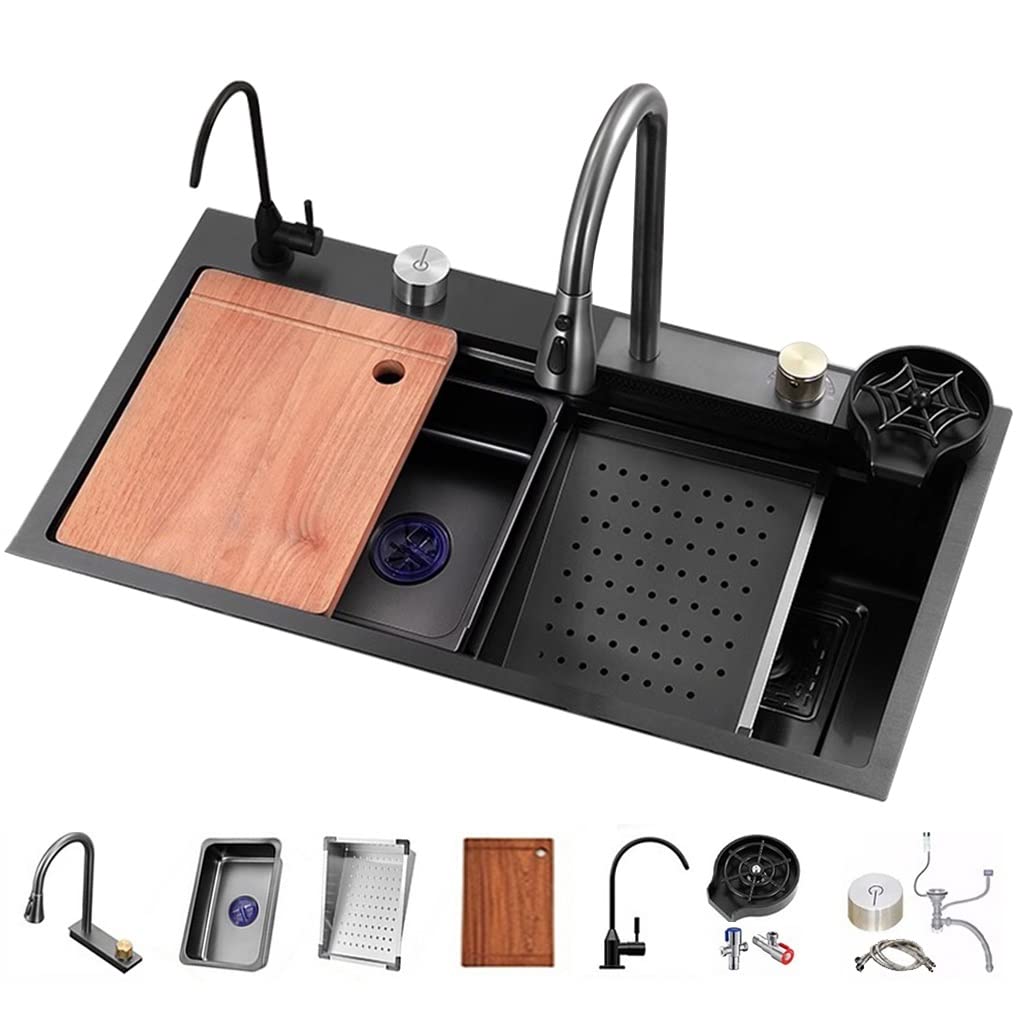 WIQUYBML Stainless Steel Single-Bowl Waterfall Sink Multifunctional Bar Prep Farmhouse Pull-Down Faucet, And Complete Accessory Set (Size : 75x45x22cm)