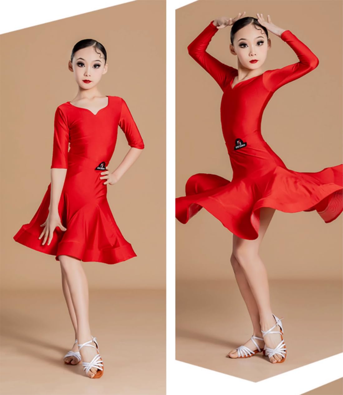 Mädchen Latein Tanzkleid Gesellschaftstanz Übungs- Und Wettkampfkleid Latein Tanzkleid Langarm-Wettbewerbs-Split-Kleid Anzug Performance-Kostüm (150)