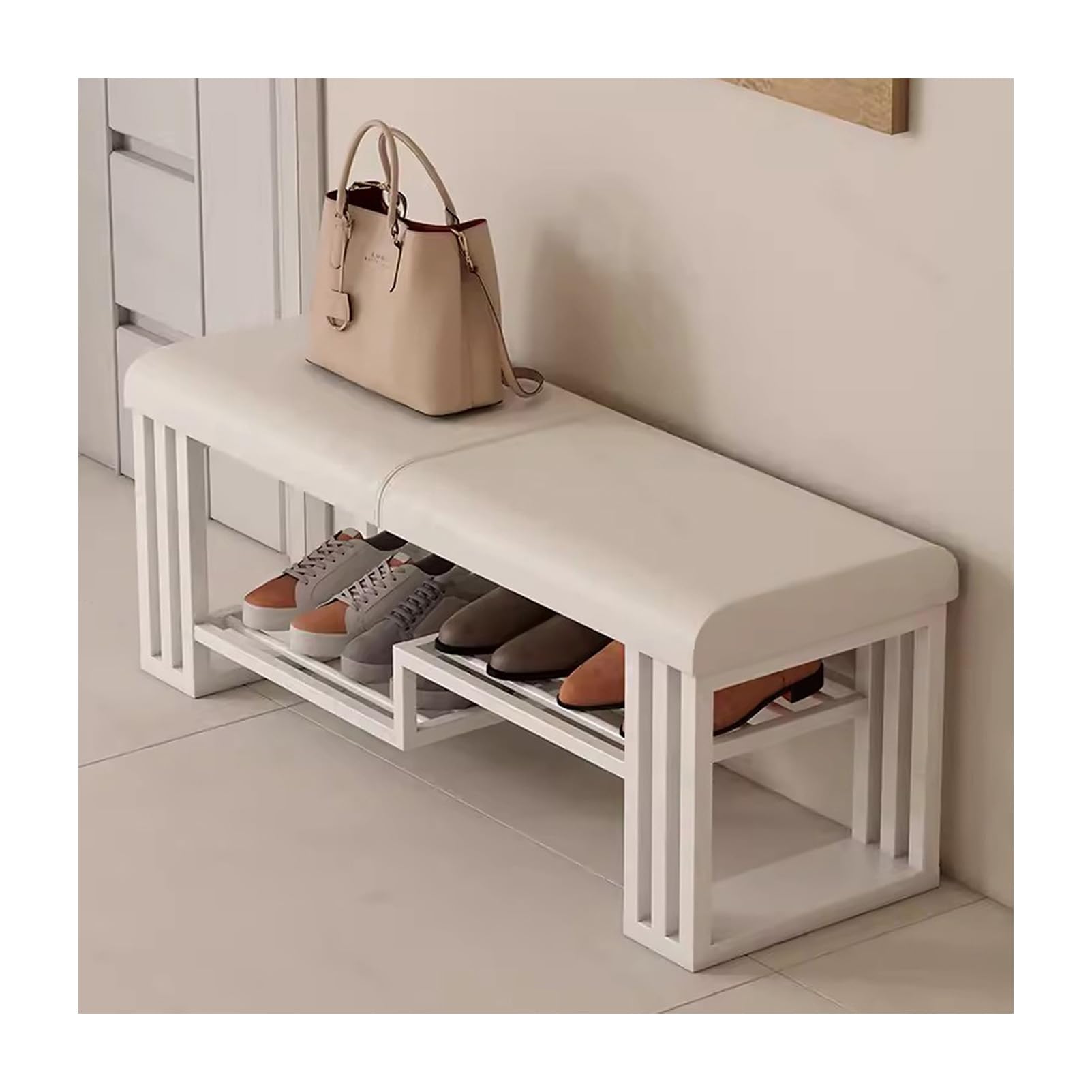 SXZenSpace Shoe Rack Bench with Cushion, 2 Tiers Bench, White Entryway for Hallway, Mudroom