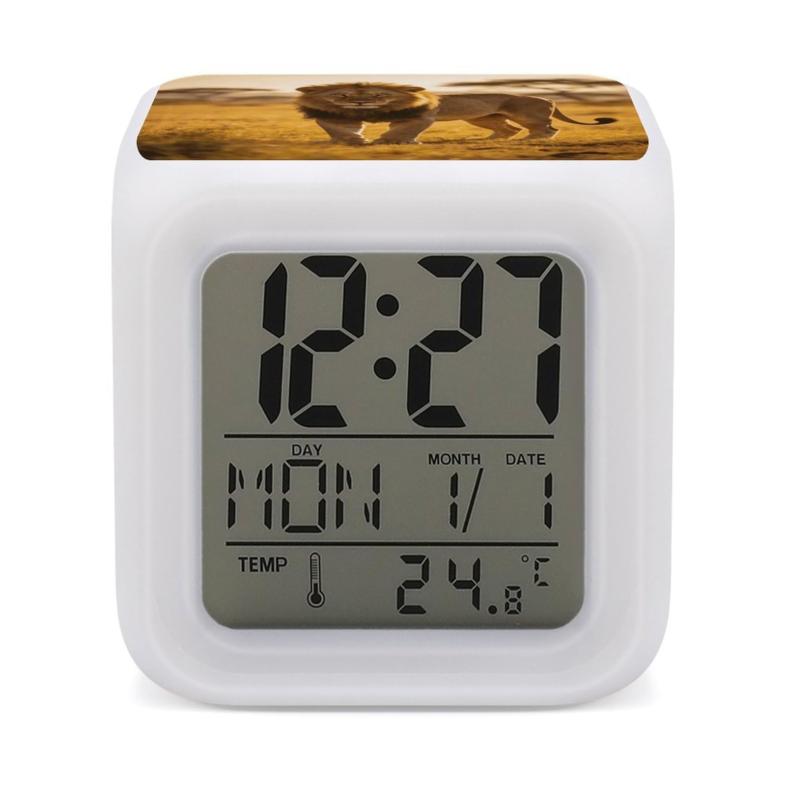 LZQPOEAS Wild Lion of The Wilderness Alarm Clock with 7 Color Changing Nightlight for Bedroom Calendar Temperature Display Wake Up Digital Clock Small Desk Clocks for Heavy Sleepers Adults