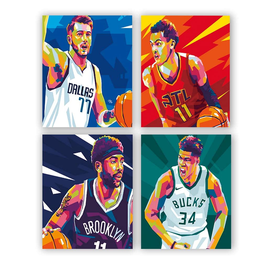 Basketball Star Art Wall Prints?Stephen Curry,Giannis Antetokounmpo Poster, Basketball Wall Decor Sports Poster?Basketball Wall Art for Men Boy Room Decor 8x10 Set of 4 UNFRAMED,