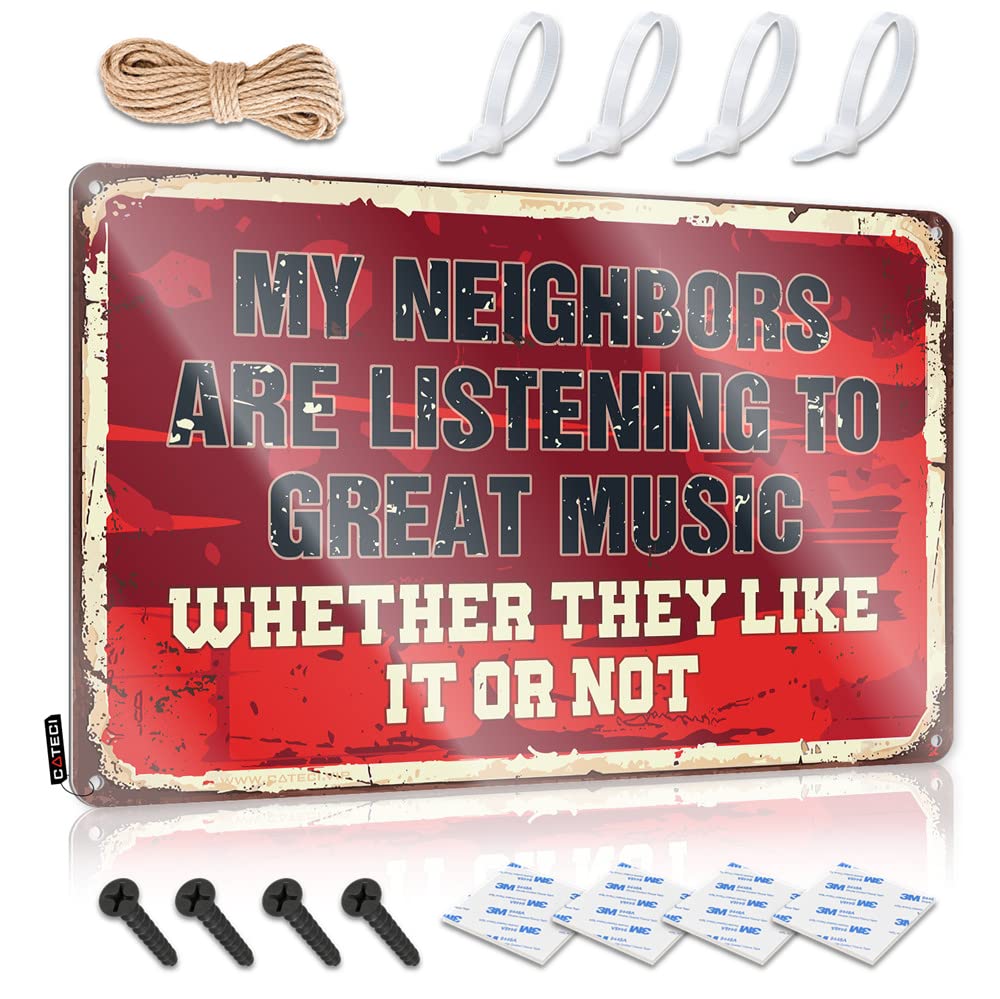 HELIOFORGE Bar Rules Sign My Neighbors Are Listening To Great Music Sign Man Cave Bar Tin Signs(30X40CM)