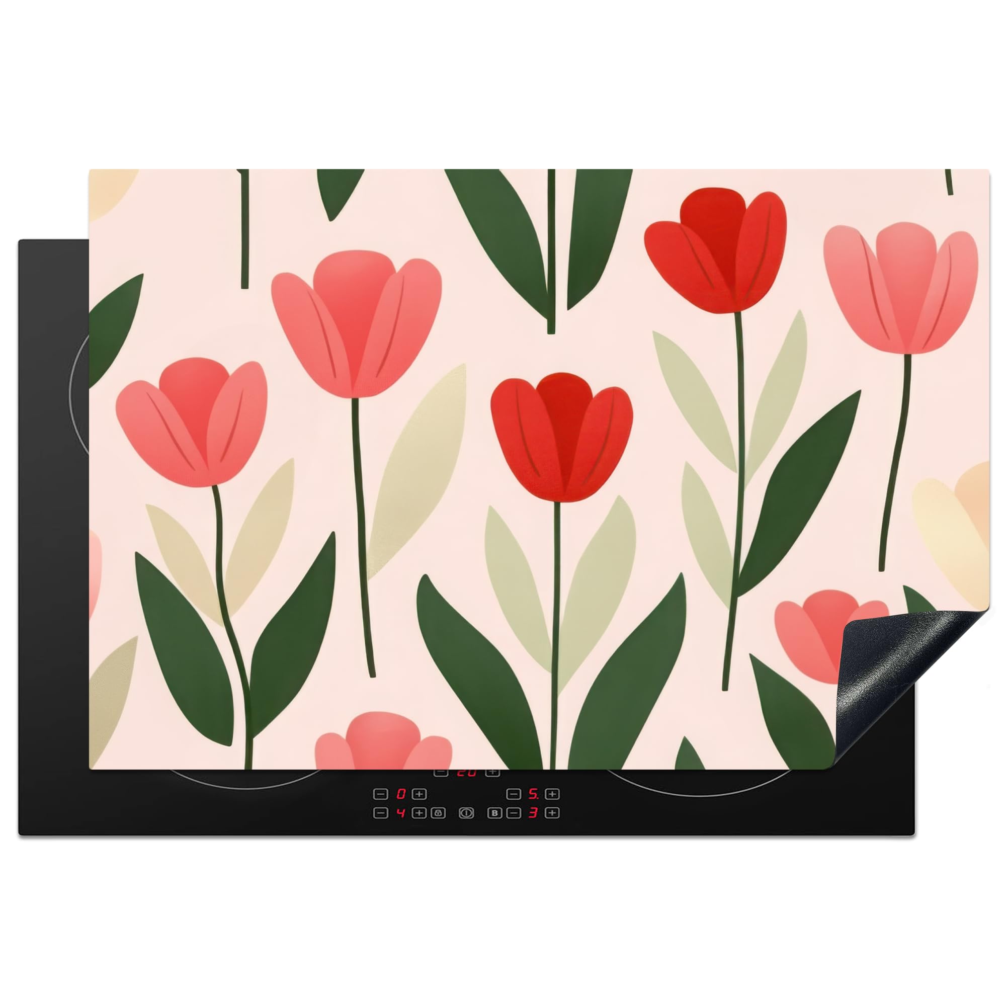 KitchenYeah© Induction Hob Protector Mat 20.3"x29.9" / 76x51.5 cm Stove Cap Top Cover Kitchen Cooker Covers for Electric Hobs Vinyl Tulips - Modern - Pink