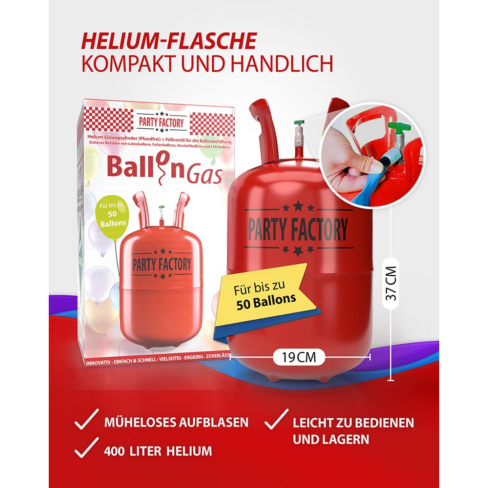 Party Factory Helium Gasflasche 400L für 50 Luftballons Ballongas Flasche Latex Folienballons Einwegflaschen Knick-Füllventil