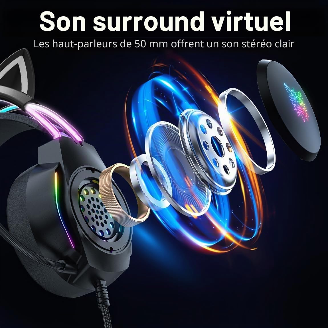 Casque de jeu oreilles de chat microphone Éclairage RVB 7.1 Casque filaire 3,5 mm PC/PS4/PS5/Xbox/Switch Design ergonomique