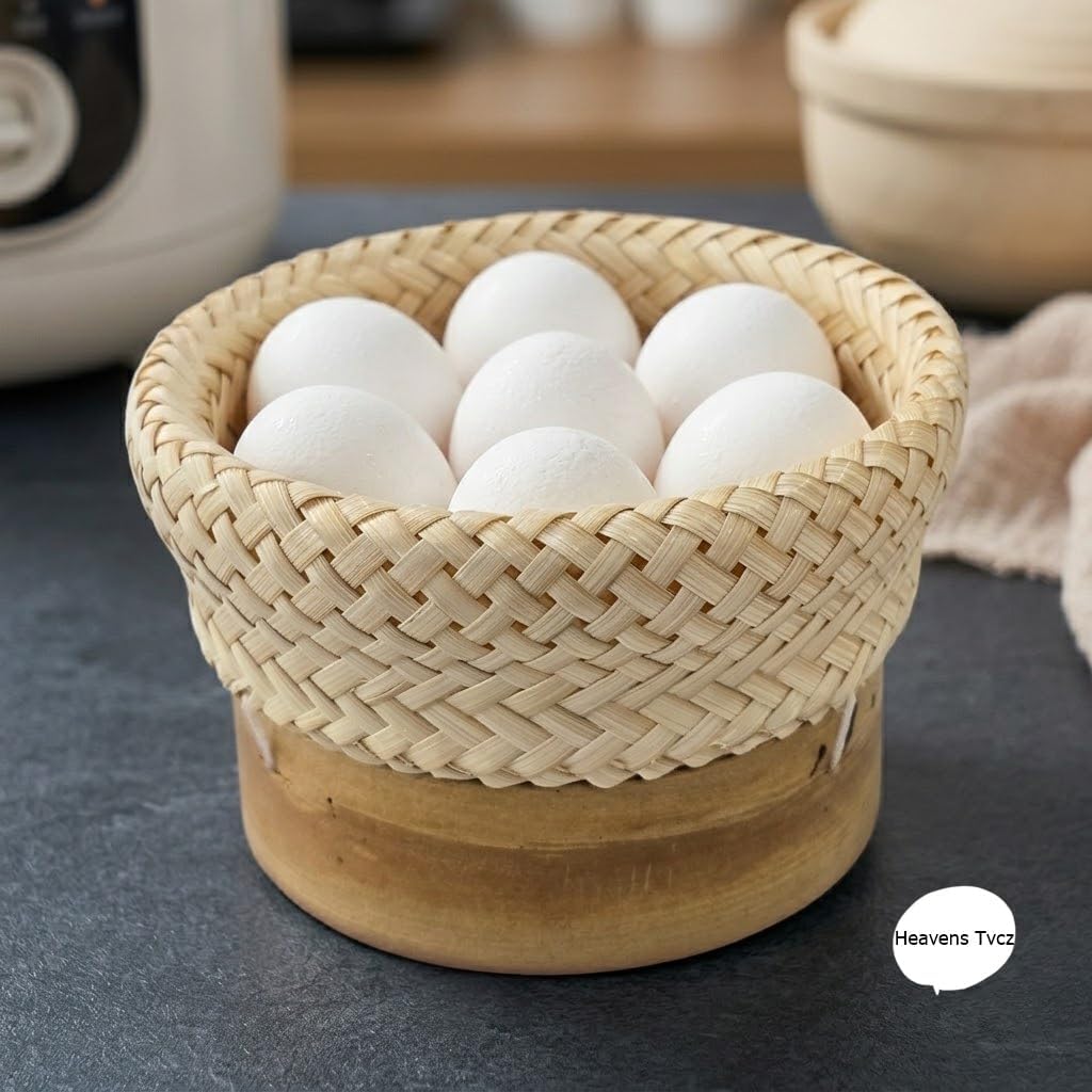 Premium Handmade Bamboo Sticky Rice Basket – 4.5 Inch Natural Handwoven Thai Rice Container with Wooden Base – Multipurpose Serving Basket for Sticky Rice, Eggs, Fruit, Kitchen & Table Décor