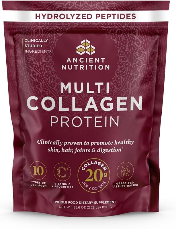 Ancient Nutrition Hydrolyzed Multi Collagen Peptides Powder, Unflavored | Vitamin C, Probiotics, Grass-Fed Hydrolyzed Collagen, Supports Skin, Hair, Nails, Joints, Gut Health, 100 Servings