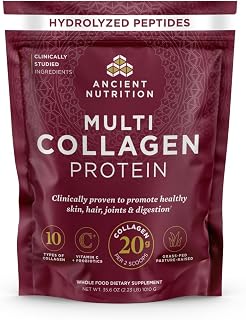 Ancient Nutrition Hydrolyzed Multi Collagen Peptides Powder, Unflavored | Vitamin C, Probiotics, Grass-Fed Hydrolyzed Collagen, Supports Skin, Hair, Nails, Joints, Gut Health, 100 Servings