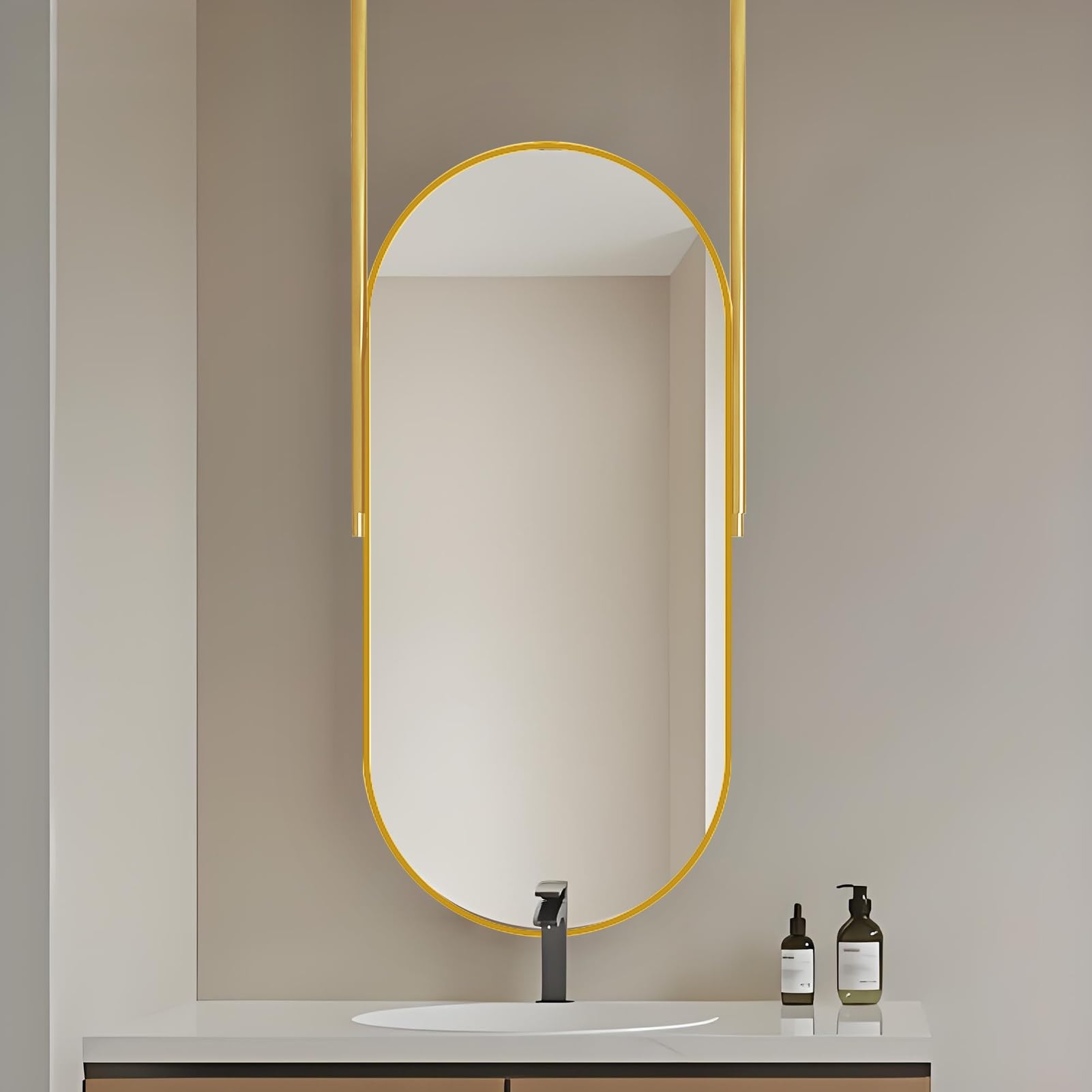 FGXHHS Oval Large Hanging Floating Mirror, Wall-Mounted Mirror with Frame, Modern Decorative for Cloakroom Entry Way Bathroom Home Hotel -Gold(50cmx70cm)
