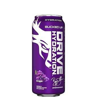 Bucked Up Drive Hydration and Energy | Zero Sugar Electrolyte Drink with GeniusPure Alpha-GPC & 50mg Natural Caffeine | No Artificial Colors | Performance Hydration Beverage | 12 Pack, 16 fl oz Cans | (Grape)