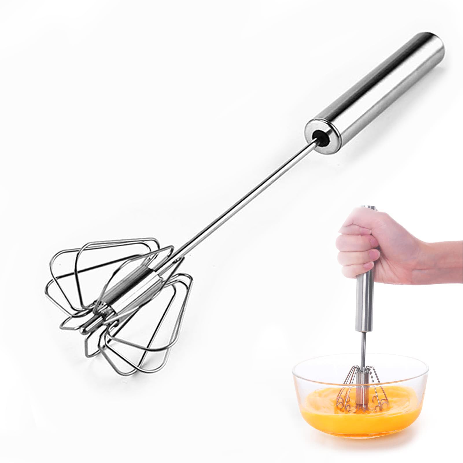 Egg Whisk Hand Push Whisk Blender, Stainless Steel Egg Beater Milk Frother Rotating Push Mixer Stirrer for Whisking Beating, Stirring