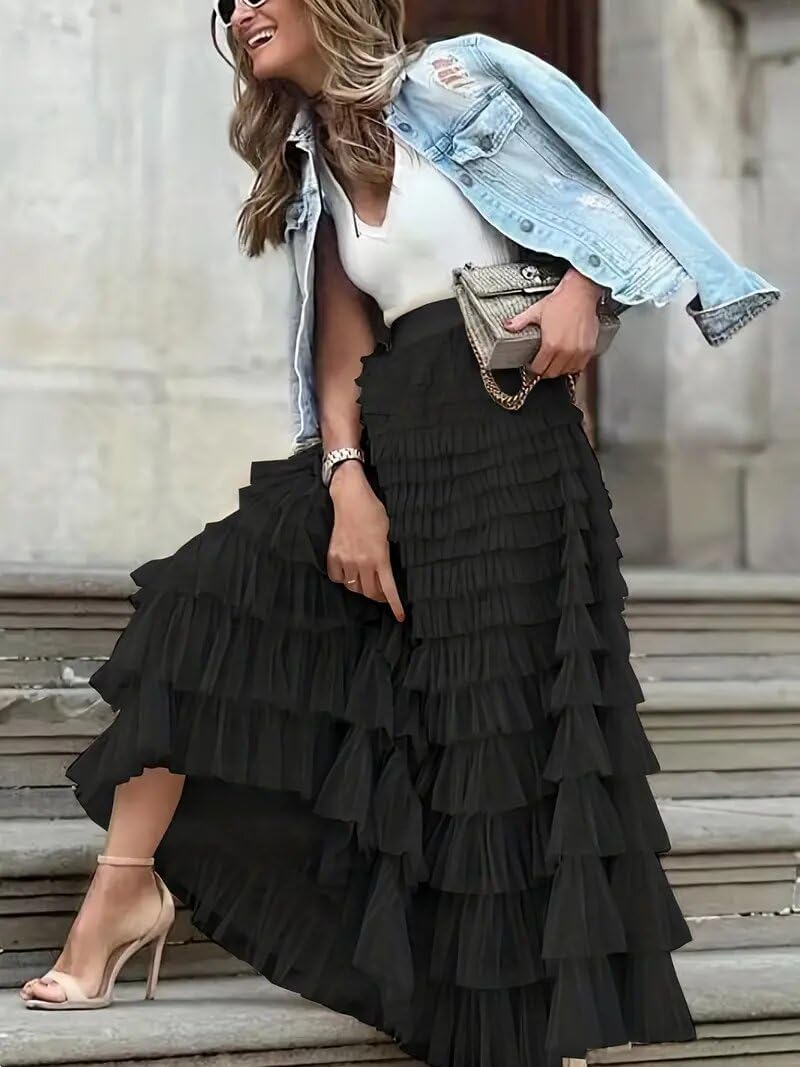 Womens One Size Skirt Mesh Layered Hem Fluffy Multilayer Tiered Puffy Ruffles Tulle (Midi Pink) - Image 3