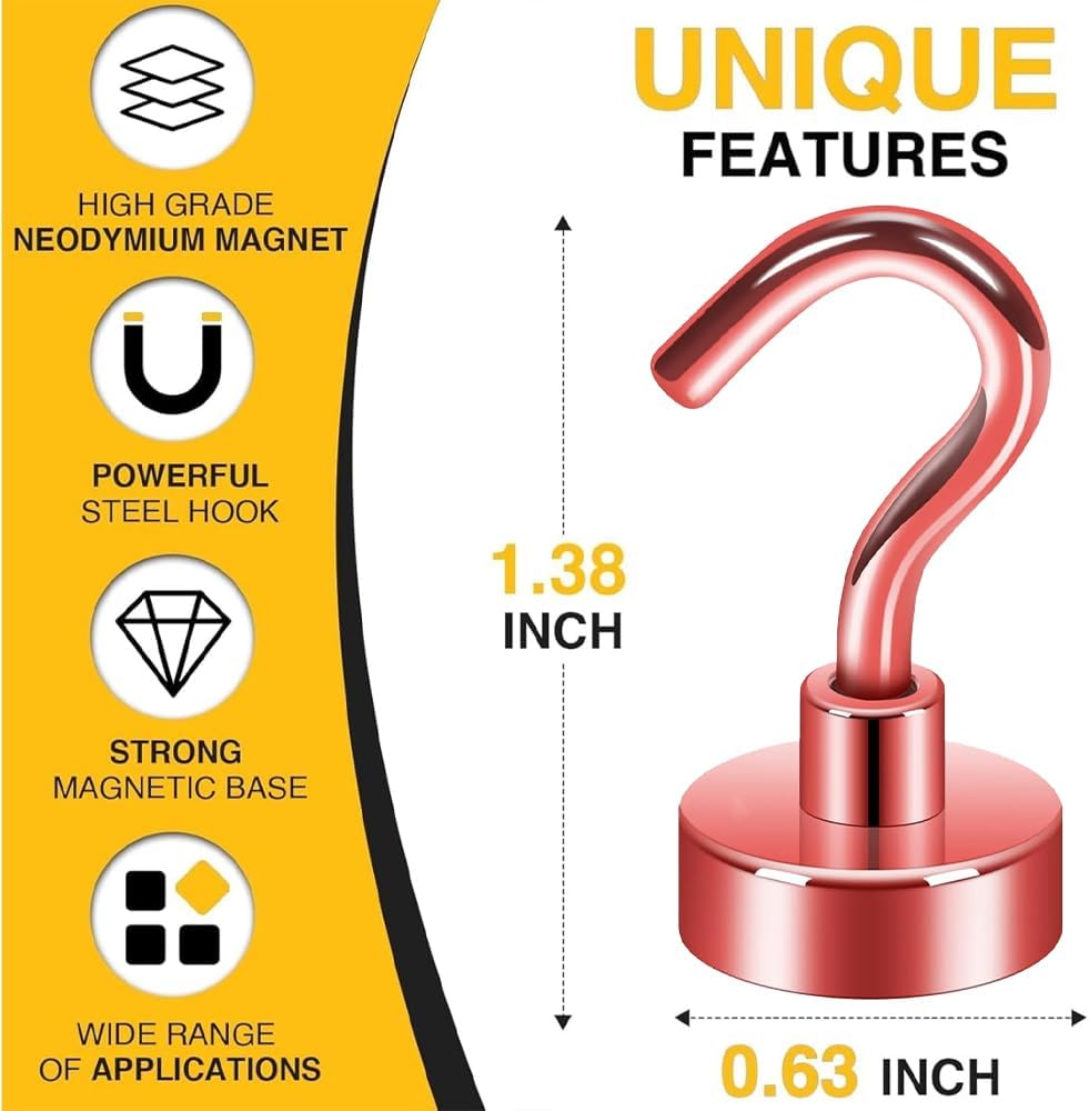 Red Neodymium Magnetic Hooks - 20LB Sturdy Hooks for Cruise, Grill, Kitchen, Office, Garage & Home (6 Pack)