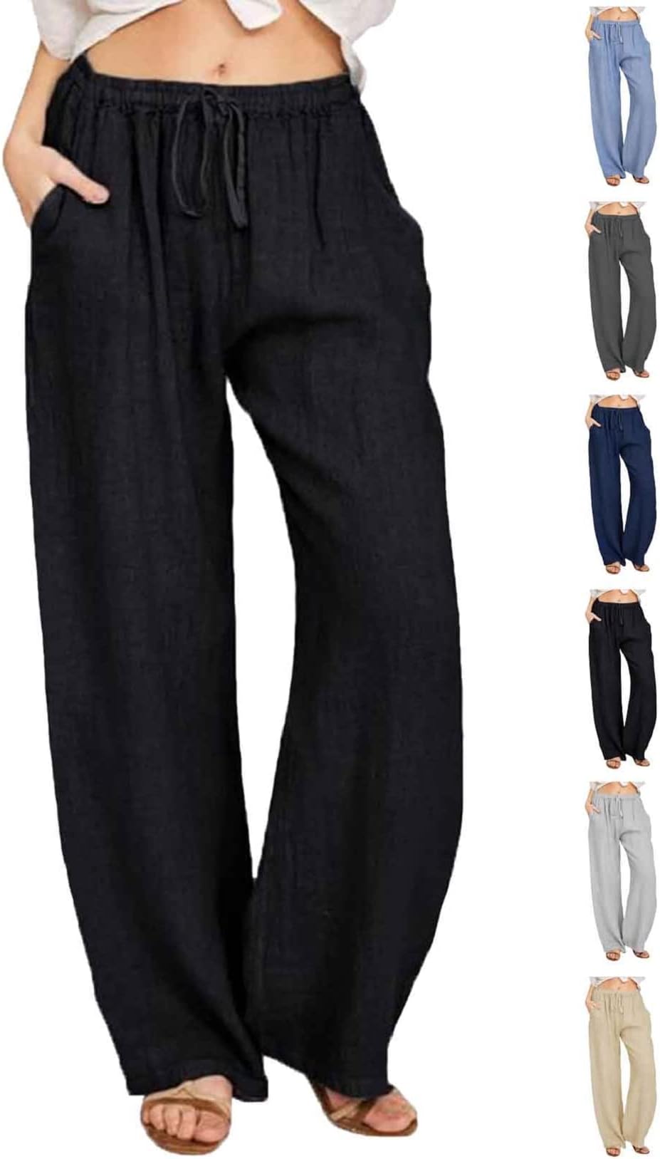 Women's Cotton Linen Trousers with Pockets Loose Palazzo Lounge Pants Elastic Waist Wide Leg Drawstring Casual Solid Color Trousers Tracksuit Bottom Joggers