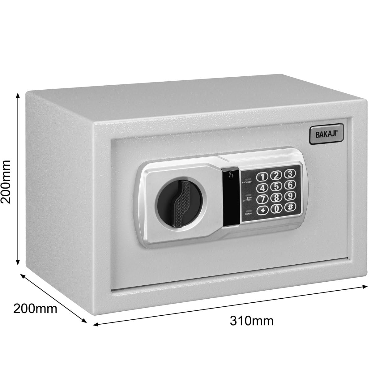 BAKAJI Coffre-fort électronique de sécurité avec boîte de batterie externe, boîte à valeurs et documents anti-effraction pour maison, hôtel, installation murale ou indépendante, 31 x 20 x 20 cm (gris)