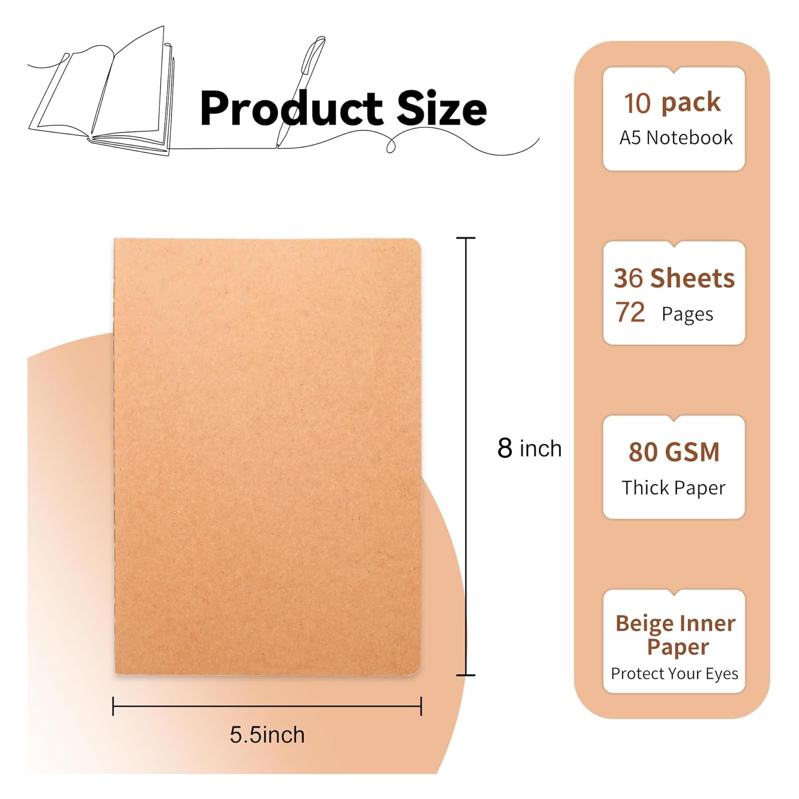 GJNMYSD A5 Plain Paper Notebooks, 10 Pack, 72 Pages Each, Kraft Cover Blank Notebook, Ideal for Writing Drawing - Image 2
