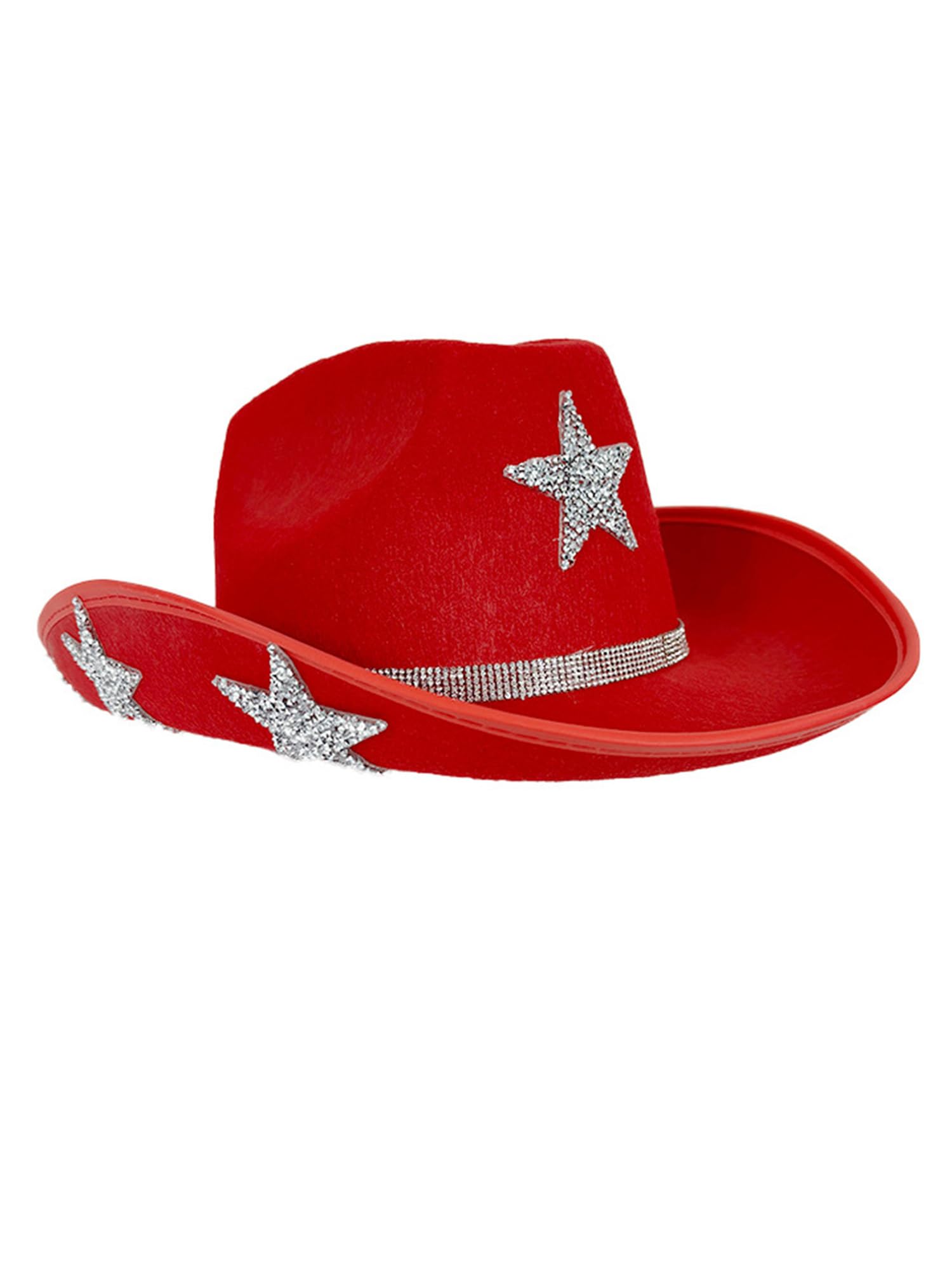 Anuedgis Women's Sparkly Rhinestone Star Western Cowboy Hat Wide Brim Fancy Dress Cowgirl Hat for Party Music Festival Wedding Costume (Red 2, ONE Size)