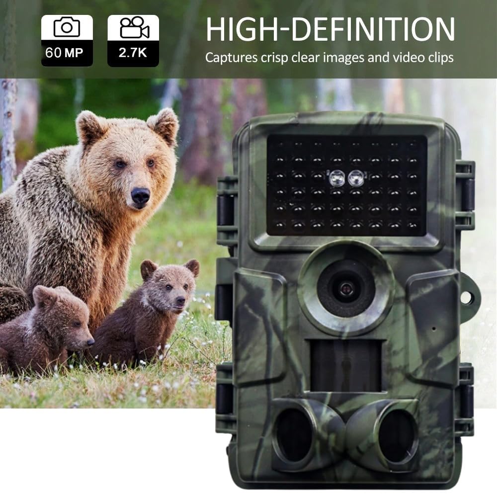 WLAN Wildkamera 4K 64MP mit 32GB Speicherkarte, Wildkamera mit Nachtsicht, 0,05s Auslöser Bewegung aktiviert, IP67 wasserdicht 30m 130° Weitwinkel 46 Infrarot-LEDs ohne Leuchten