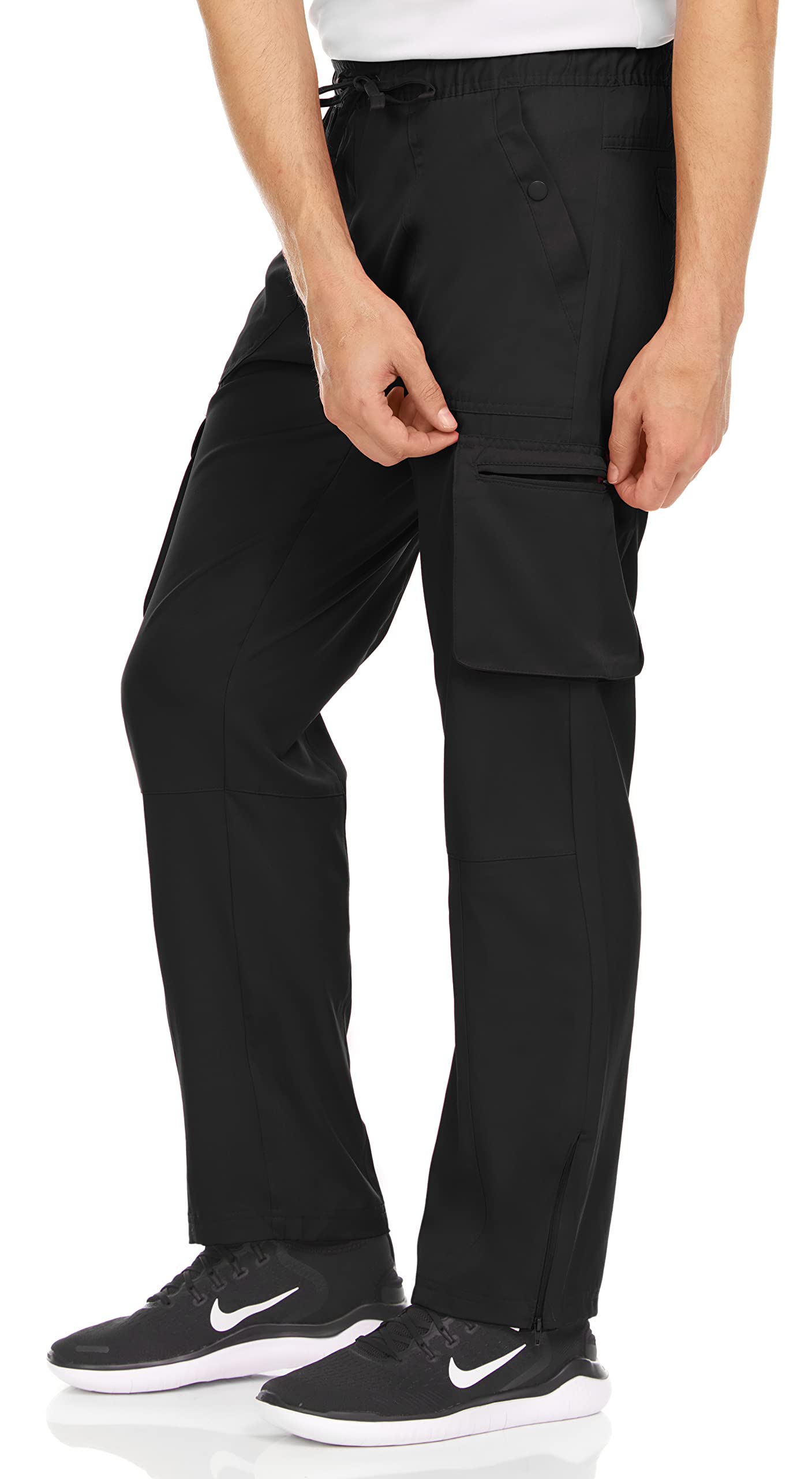 MediChic Cargo Scrub Pants for Men, Zip Hem, 6 Pockets with Snap and Zipper Closure, 4-Way Stretch, Black Size XL