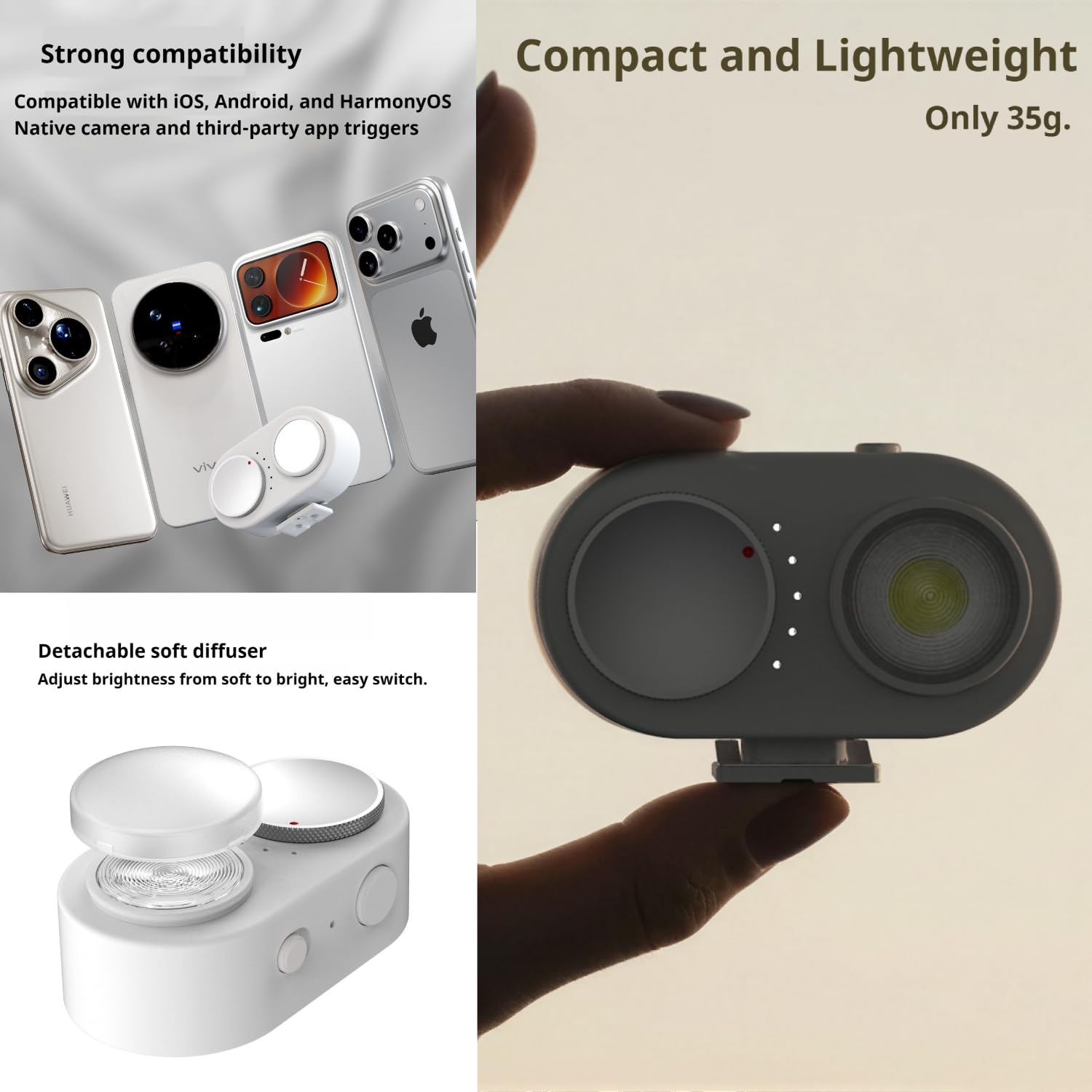 Fotorgear FL01 COB - Luz flash para teléfono móvil (15 W, adherencia magnética, 35 g, 5700 K/92+CRI, compatible con iOS/Android para luz nocturna, retratos y fotografía de productos)