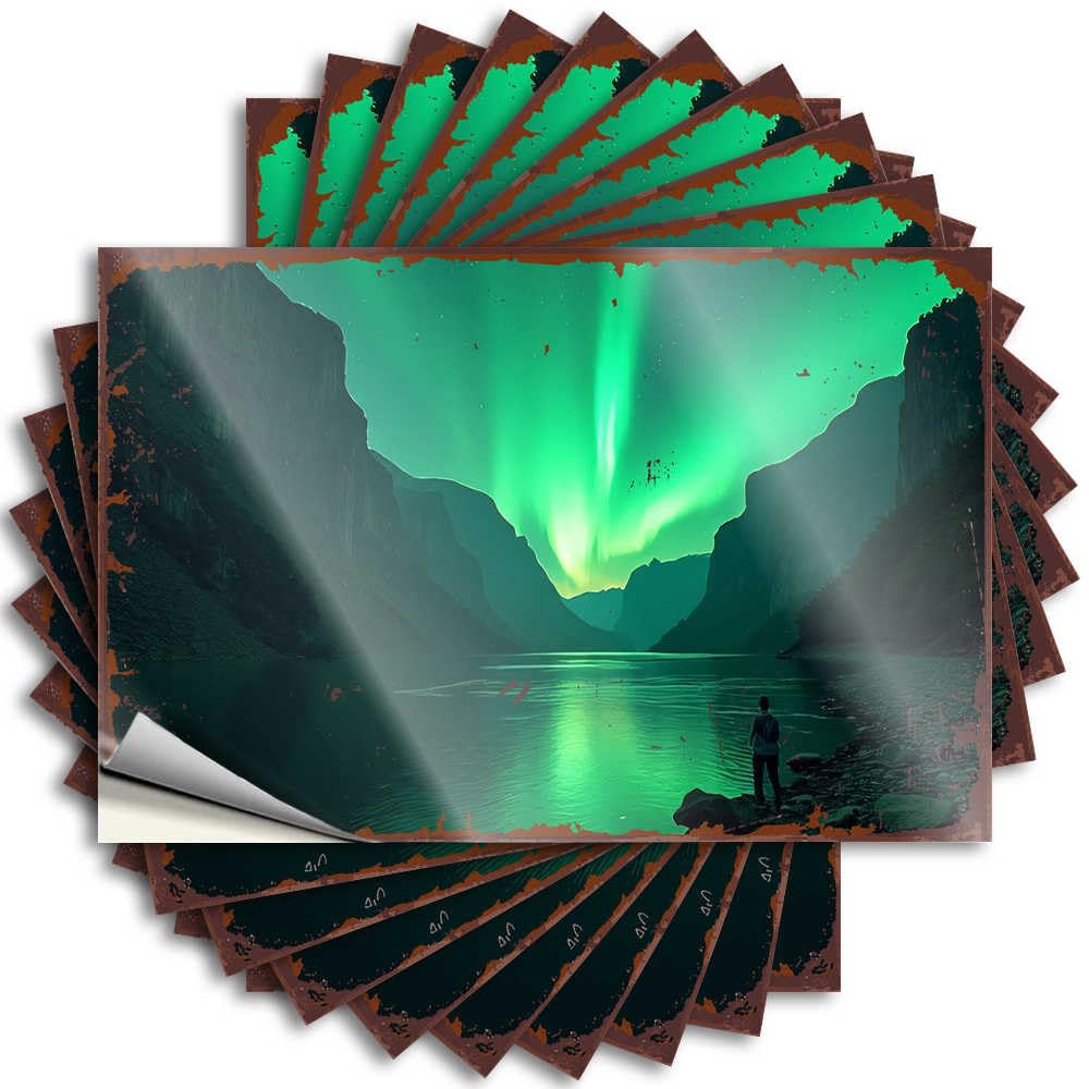 Saying Stuff for Men Waterproof Vinyl Sticker | A Solitary Figure Admiring The Aurora Borealis Over A Serene Lake Crazy Bumper for Absorbing DIY Projects(12X18CM)