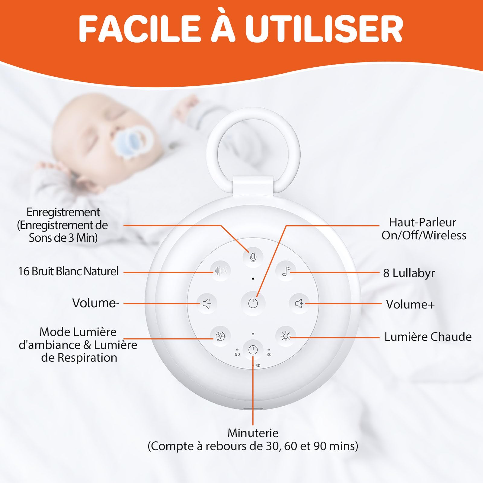 FUNYKICH Machine à Bruit Blanc Portable 24 Sons - Bruit Blanc Bébé avec Veilleuse pour Enfant et Adulte - USB Rechargeable pour Sommeil, Chambre d'Enfant et Voyages