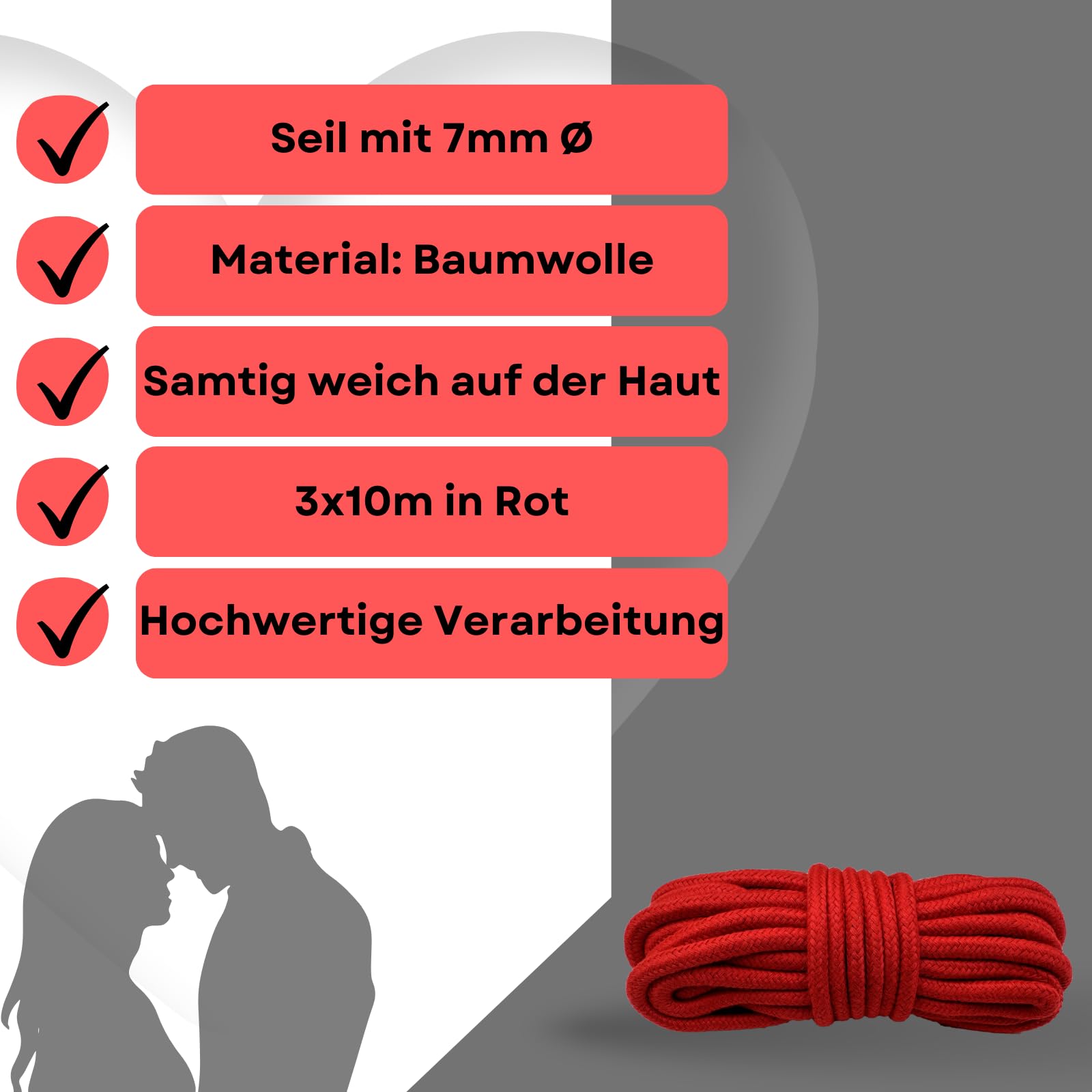 Set di corde per bondage 3 x 10m in rosso in cotone, morbide ed elastiche - Lovelyness