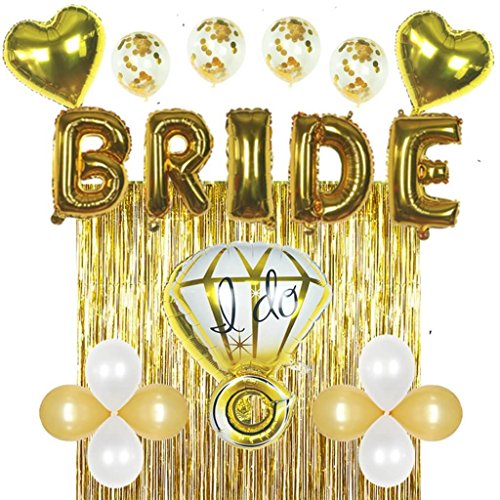 Bridal Shower Bachelorette Party Decorations Kit Gold â€“ Set Includes 1 Fringe Curtain, 1 Set of Foil Bride Balloons, 1 Ring Balloon, 2 Heart Balloons, 4 Confetti Balloons, 4 Gold, 4 White Balloons