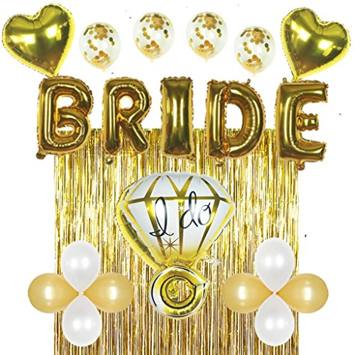 Bridal Shower Bachelorette Party Decorations Kit Gold  Set Includes 1 Fringe Curtain, 1 Set of Foil Bride Balloons, 1 Ring Balloon, 2 Heart Balloons, 4 Confetti Balloons, 4 Gold, 4 White Balloons