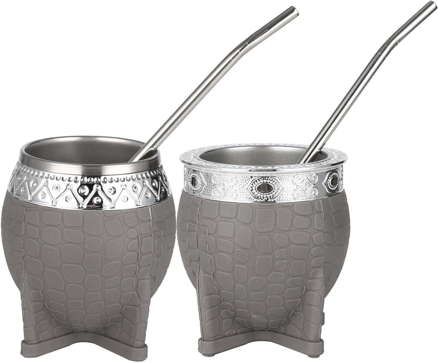 2 Pcs Yerba Mate Cup Set, Stainless Steel, 6.1 oz Gray, Silver Accents, Non-Slip Rubber Body, Includes Stainless Steel Straws, Wide & Narrow Mouth, Ideal for Mate Tea