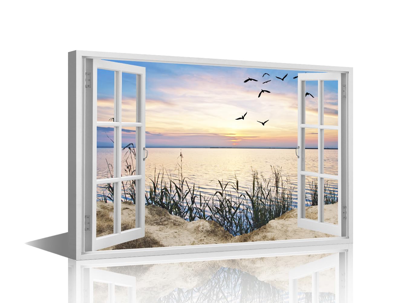 TISHIRON Seascape Wall Art for Bedroom 3D Window Effect Beach Scene Canvas Painting Scenery Large Wall Art for Living Room Contemporary Home Decor 1 Panels Stretched on Wooden Frame, 36x24in