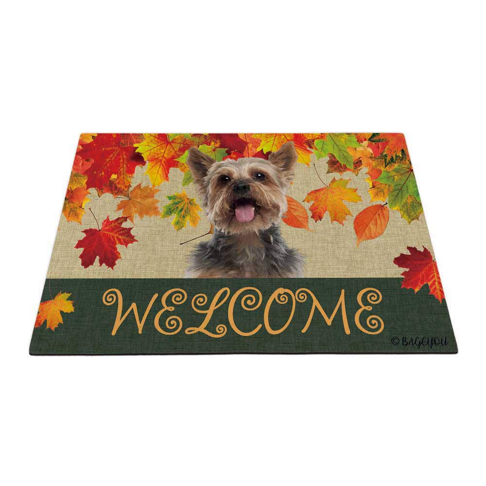 BAGEYOU Welcome Fall with My Favorite Dog Yorkshire Terrier Yorkie Outdoor Doormat Maple Leaf Harvest Season Rustic Decor Porch Rugs Floor Mat 35.4" x 23.6"